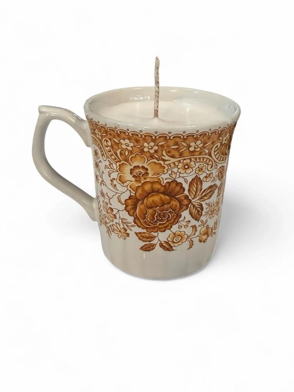 Floral Ceramic Mug with Gold-Brown Transferware Pattern